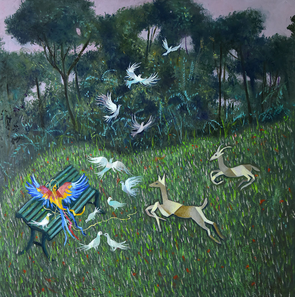 2020---ospiti-insoliti-a-Villa-Ada-(olio-su-tela-80x80)